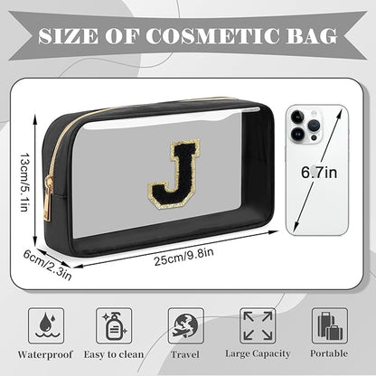 Personalized Initial Letter Clear Makeup Bag,Preppy Small Nylon&PVC Cosmetic Zipper Bag with Chenille Letter,Travel Skincare Toiletry Bag,Monogram Christmas Gift for Teen Girls Women,J