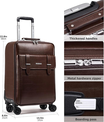 feilario Business Spinner Wheels Luggage PVC Leather Waterproof Carry-On Suitcase Aluminum Alloy Handle Soft Shell Luggage with TSA Lock (Brown, 20in)