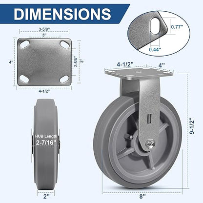 8 Inch Rubber Wheels (Flat Tread)- Heavy Duty Casters, Industrial Caster Wheels- with up to 1200 LB Capacity- Use for Dollies, Utility and Maintenance Carts(1 Rigid)