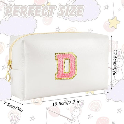 Initial Makeup Bag Personalized Preppy Travel Small Cosmetic Bag Cute PU White Chenille Letter Makeup Pouch for Purse Waterproof Zippered Toiletry Organizer for Women Girls Kids Friends (D)