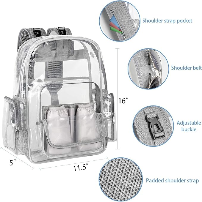 Mancro Diaper Bag Backpack, Clear Baby Bag Heavy Duty Transparent Backpack for Girls Boys, Multifunction Large Travel Backpack Maternity Baby Changing Bags for Mom with Stroller Straps, Grey