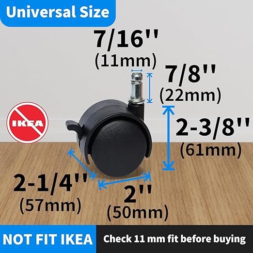 MySit 2" Replacement Office Chair or Stool Caster Wheels - with Brake (Set of 5)