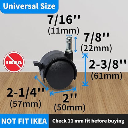 MySit 2" Replacement Office Chair or Stool Caster Wheels - with Brake (Set of 5)
