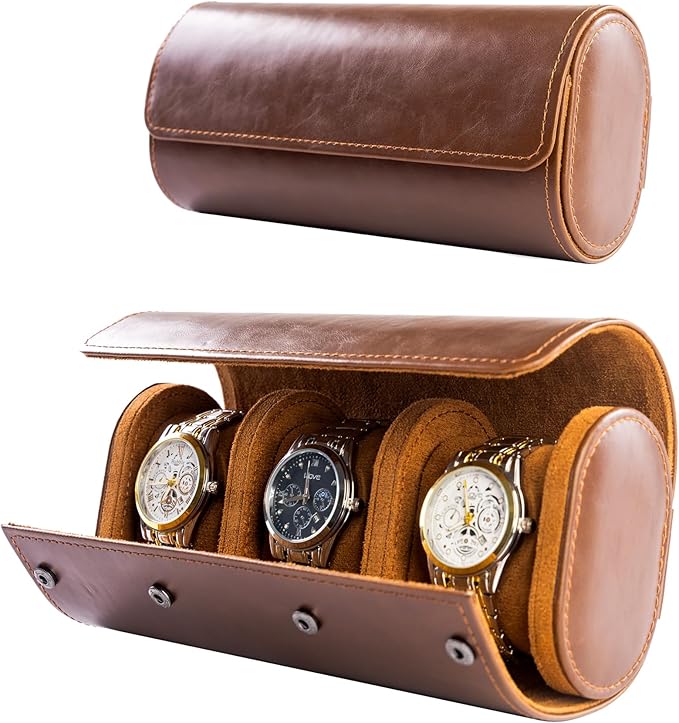 MR.OKAY 3 Watch Travel Case- Classic Leather Watch Case With Superb Texture.Portable Watch Roll Or Organizer For Storage And Display. Best Travel Gift for Men,All Handcrafted By Artisans.