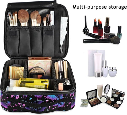 MNSRUU Travel Makeup Bag, Neon Purple and Bats Stars and Moons Women Makeup Case Organizer Cosmetic Toiletry Bag for Teenage Girl with Adjustable Dividers
