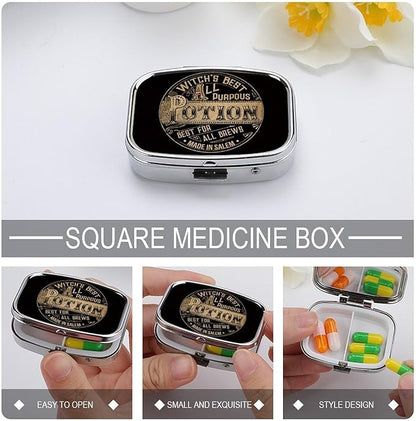 Metal 2 Compartment Pill Organizer Travel Friendly Portable Compact Pill Box Cute Pill Case,for Pocket Wallets Daily Portable Medicine Vitamin Tablet Storage (Potion)