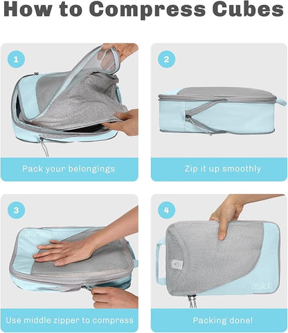 Hynes Eagle 6 Set/ 4 Set/ 2 Set Compression Packing Cubes Travel Essentials Lightweight Nylon Luggage Suitcase Organizer Bag Light Blue 6PCS