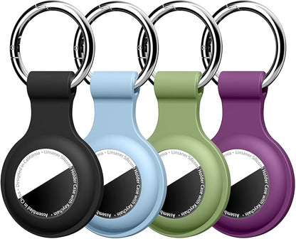 [4 Pack] Compatible with AirTag Holder Keychain Silicone Key Ring Cases Tags Chain for Apple for Air Tag GPS Item Finders Accessories, Black/Grey Blue/Teal Green/Dark Purple