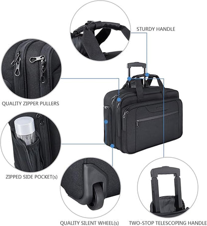 KROSER Rolling Laptop Bag Premium Wheeled Briefcase Fits Up to 17.3 Inch Laptop Overnight Roller Case Computer Bag with RFID Pockets for Travel/Business/Men/Women-Black