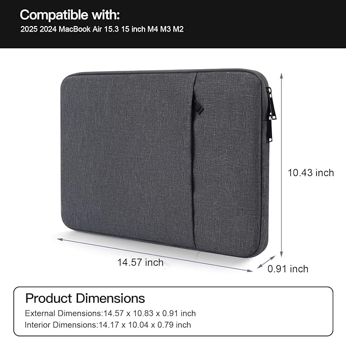 15 inch Laptop Sleeve Case for 2025 2024 MacBook Air 15 inch with Apple M2 M3 M4 Chip A2941 A3114 A3241, Water-Resistant Shockproof Carrying Bag Cover -Space Gray