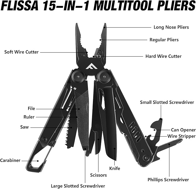 FLISSA 15-in-1 Multi-tool Pliers with Sheath, Portable Pocket Knife with Safety Locking System, Belt Clip and Sheath for Outdoors, Survival, Camping, Fishing, Hunting – Ideal Christmas Gift for Man