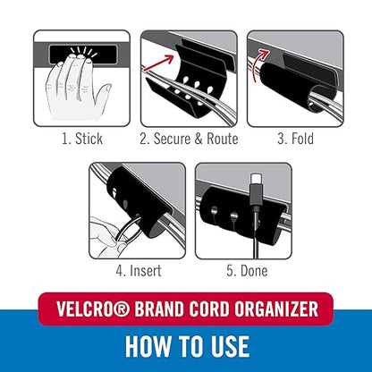 Velcro Brand Cord Organizer for Desk & Nightstand, Stocking Stuffers for Adults, 5 Cable Slots with Sleeve Routing, Adhesive Wire Holder for Cord Management, Home, Office & Gaming, Black 2 Pack