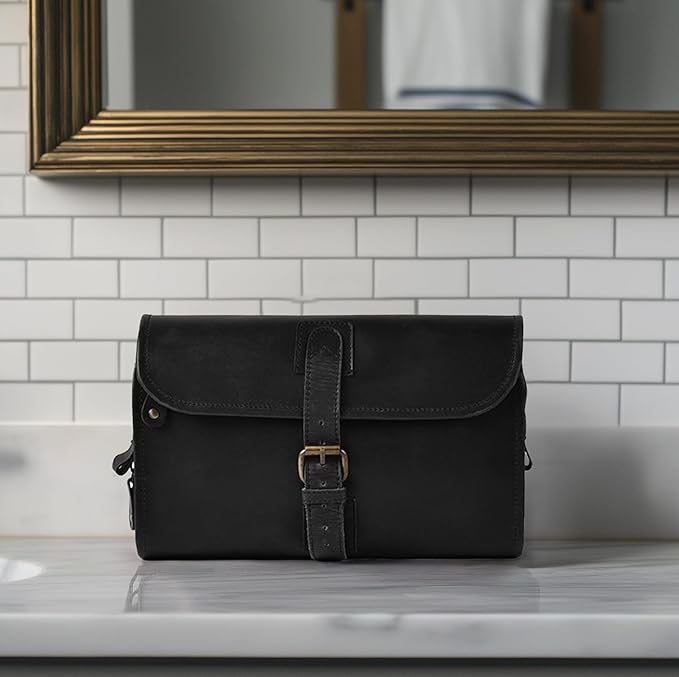 LEATHER VILLAGE Hanging Leather Toiletry Bag for Men – Handcrafted Vintage Premium Travel Dopp Kit with Waterproof Lining, Shaving Organizer and Shower Bathroom Essentials Case - Black