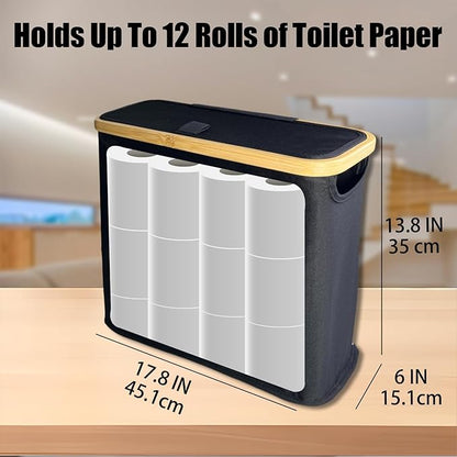 Toilet Paper Roll Storage, Bathroom Slim Toilet Paper Storage with Lid for 12 Rolls, Ultimate Bathroom Organizer with Anti-Slip Base, Black 30L