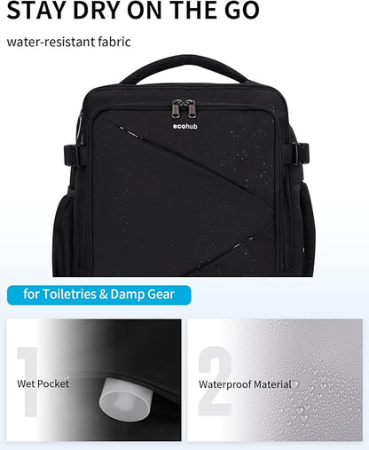 ECOHUB 17" Small Unisex Travel Backpack United Airline Approved 17x10x9 Friendly Suitcase Anti-Theft Lockable Zippers Style Personal Item Bag Travel Essentials with 12 Pockets Water Resistant, Black