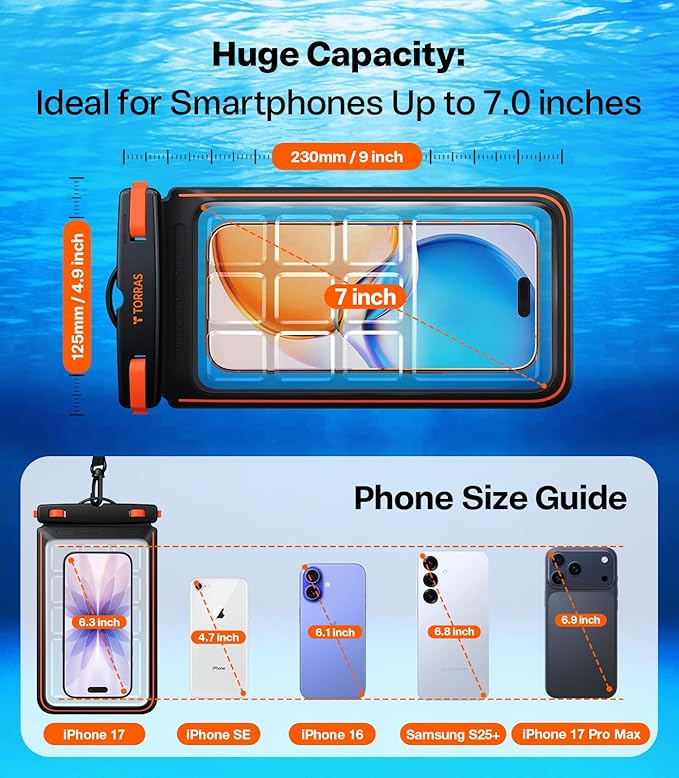 TORRAS IPX8 Waterproof Phone Pouch Floating, Underwater Screen Touchable, Water Proof Case with Lanyard for iPhone 16 Pro Max 15 S25, Cellphone Dry Bag Cruise Essentials 7.0 inch, Black