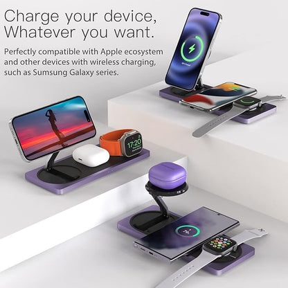 PETINO Mag-Safe Charger Stand, 3-in-1 Magnetic Wireless Charging Station for Apple Devices, iPhone 15/14/13/12 Series, Apple Watch, AirPods Pro (Purple)