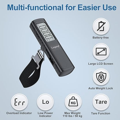 Battery-Free Digital Luggage Scale, 110lbs/50kg Portable Handheld Hanging Scale for Luggages, Suitcases, Backpacks & Bags, Easy Weighing for Travel, No Need Batteries (Black)
