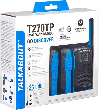 Motorola Solutions, Portable FRS, T270TP, Talkabout, Two-Way Radios, Rechargeable, 22 Channel, 25 Mile, Black W/ Blue, 3 Pack