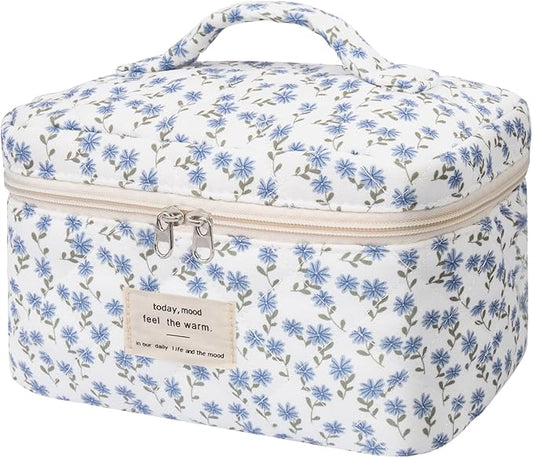 Large Makeup Bag, Cute Cosmetic Bag for Women Girls, Floral Coquette Aesthetic Toiletry Bag, Travel Make Up Organizer Bag (Blue Peacock Flower)