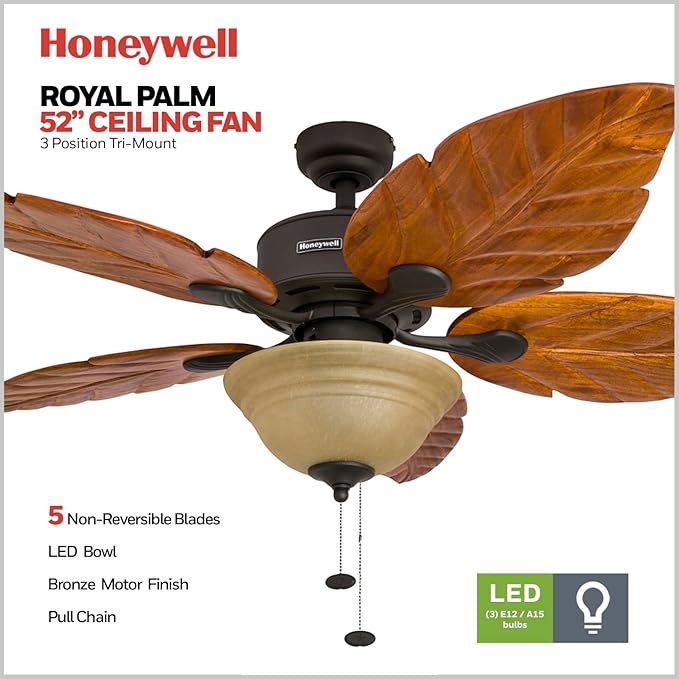 Honeywell Ceiling Fans Sabal Palm, 52 Inch Tropical LED Ceiling Fan with Light, Pull Chain, Dual Mounting Options, Hand Carved Solid Wood Blades - 50204-01 (Bronze)