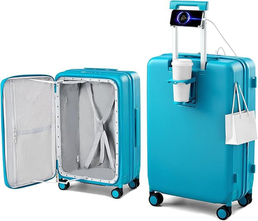 Hanke 24Inch Expandable Luggage Top Opening Medium Checked Luggage Hard Shell Suitcases with Wheels Travel Luggage Rolling Suitcase with Cup Holder (Caribbean Blue)