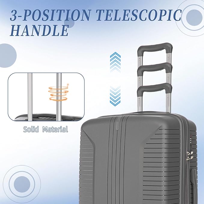 Campfun 3 Piece Luggage Sets, PP Suitcase Set with Double Spinner Wheels Hang Hook, Durable Carry On Luggage with Combination Lock, 20/24/28 inch, Grey