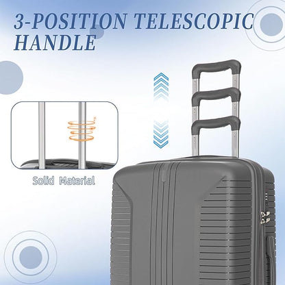 Campfun 3 Piece Luggage Sets, PP Suitcase Set with Double Spinner Wheels Hang Hook, Durable Carry On Luggage with Combination Lock, 20/24/28 inch, Grey