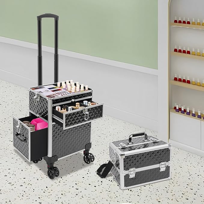 Beauty Luggage Rolling Lockable Makeup Train Case Stylist Cosmetic Luggage Travel Organizer with Hair Dryer Holder & Compartment