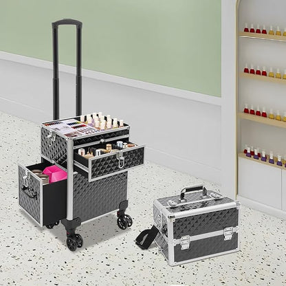 Beauty Luggage Rolling Lockable Makeup Train Case Stylist Cosmetic Luggage Travel Organizer with Hair Dryer Holder & Compartment