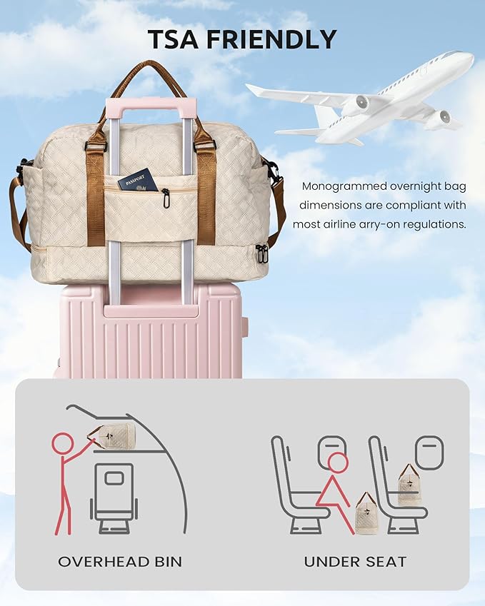 Initial Duffle Travel Bag, Personalized Weekender Bag with Shoulder Strap, Monogram Overnight Bag for Women Wet Pocket, Letter Travel Bag with Makeup Bag Gifts for family (Letter Z), Beige
