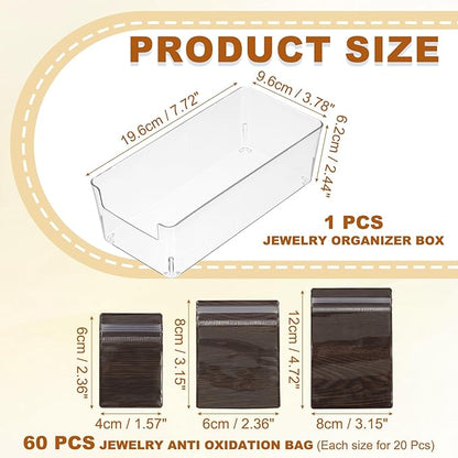 PATIKIL Clear Jewelry Box, Organizer Holder Box with 60 Pcs Portable Anti Tarnish Jewelry Bags, Travel Case for Women Earrings Rings Necklaces Bracelets, Brown 3 Size