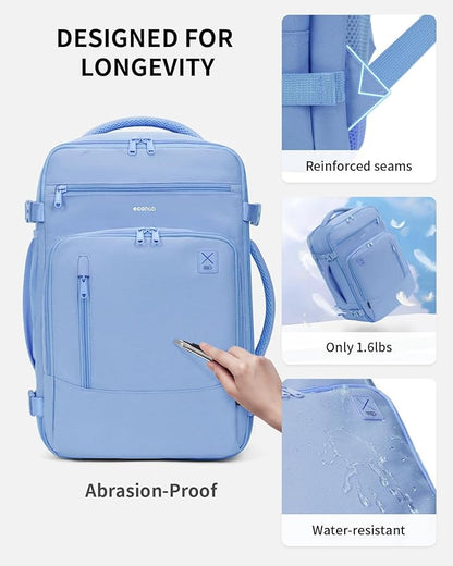 ECOHUB 17" Small Travel Backpack, United Airlines Personal Item Bag 17x10x9 with 16 Pockets, Water Resistant Rucksacks Fit 15.6" Laptop, AirTag Pocket, Lightweight Casual Daypack, 25L, Light Blue