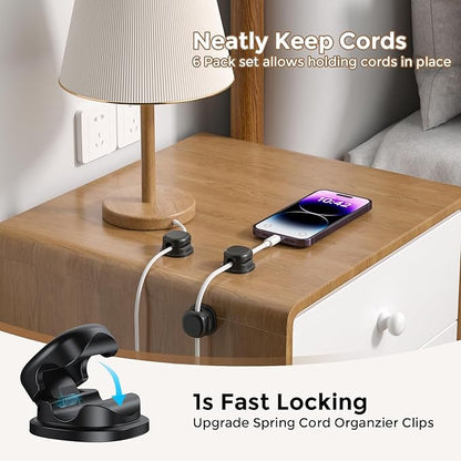 AhaStyle Spring Cable Organizer [1s Lock] 6 Pack Cord Cable Holders Clips Strong Adhesive Cable Cord Keeper [Smooth Adjustable] Hide Wire Cord Organizer for Nightstand Kitchen Car Office (Black)