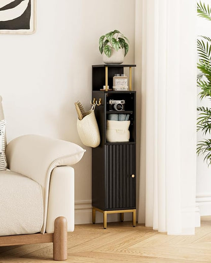 Bathroom Storage Cabinet,Small Corner Floor Cabinet with 2 Hook,Narrow Tall Toilet Paper Cabinet with Adjustable Shelves,Bathroom Organizer for Living Room,Small Spaces (Wave, Black-37''H)