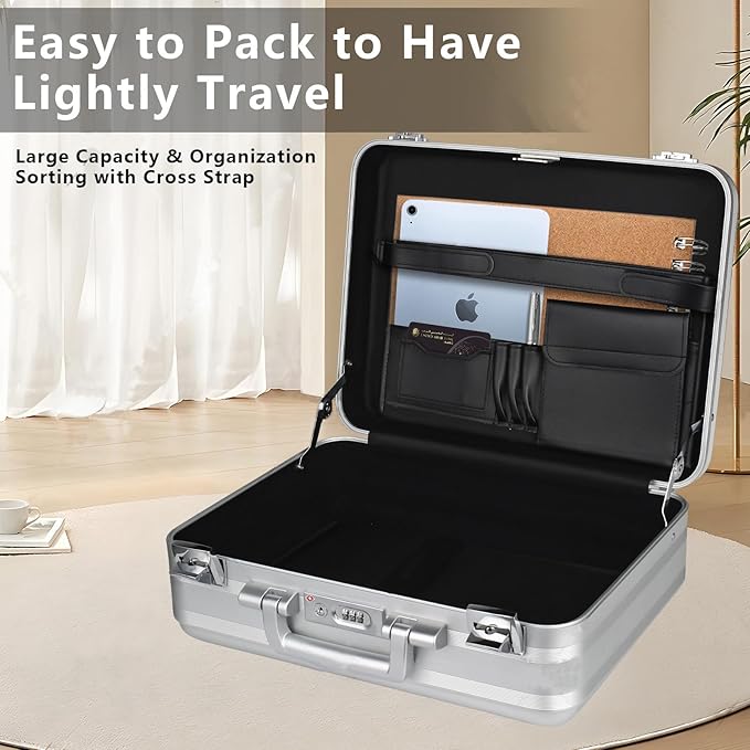 Silver Metal Brief Case 16.5X12.6X6.1 Inch Aluminum Toolbox TSA Combination Lock Cash Weekend Short-term Travel Bag Lawyer Briefcase
