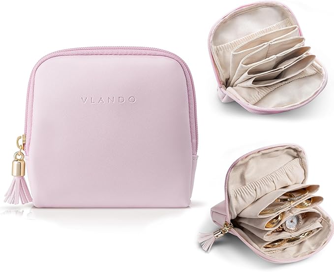 Vlando Mini Jewelry Travel Case,Jewelry Pouch Bags with Zipper, Velvet Jewelry Organizer Storage Bag for Bracelet Rings Earring Travel Essentials Gifts for Women Girl - Pinkish Purple