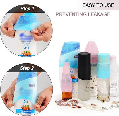 Travel Hanging Toiletry Bag for Women and Men, with 8 Leak Proofing Silicone Bottle Covers, Waterproof Makeup Accessories, Cosmetic Essentials, Cruise Ship Toiletries Bag with Jewelry Organizer, Pink
