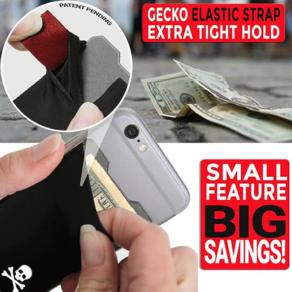 Gecko Travel Tech Double Pocket - Adhesive Card Holder - Cell Phone Pouch - Stick on Spandex Pocket - Carry Credit Cards and Cash - Skull