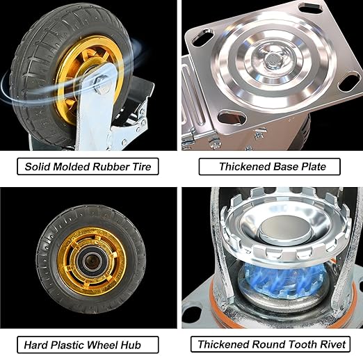 8 Inch Heavy Duty Casters Wheels Set of 4 Swivel Industrial Casters Rubber Wheels Tires for Cart Bench Shop Dolly Outdoor Wheels Replacement with 2 Brake and 3000Lbs Load Capacity, 4 Pack
