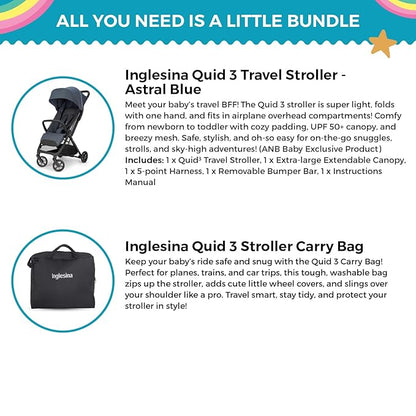 Inglesina Quid 3 Travel Stroller - Astral Blue | Lightweight Travel Stroller for Airplane, Umbrella Stroller for Baby & Toddler 0-55 lbs, Car Seat Compatible w/Carry Bag & Wheel Covers - Bundle Kit