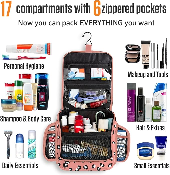 VENTURE 4TH Hanging Travel Toiletry Bag for Women & Men – Large Toiletry Organizer with 17 Compartments, Removable TSA Pouch, Travel Wash Bag for Toiletries, Makeup & Shaving Kit (Pink Cheetah)