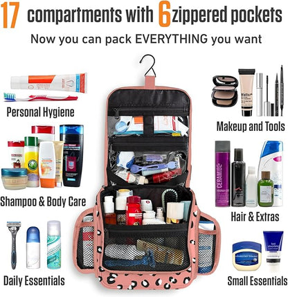 VENTURE 4TH Hanging Travel Toiletry Bag for Women & Men – Large Toiletry Organizer with 17 Compartments, Removable TSA Pouch, Travel Wash Bag for Toiletries, Makeup & Shaving Kit (Pink Cheetah)