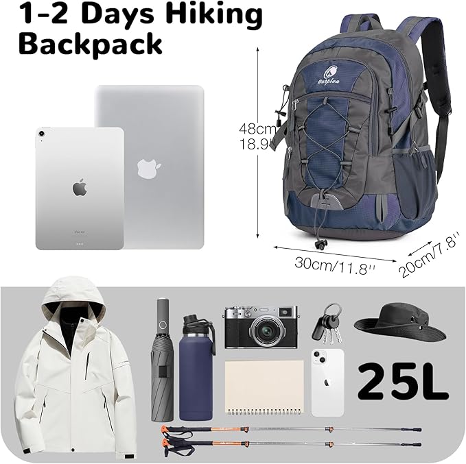 25L Small Hiking Backpack Daypack with Chest Strap for Men Women, Waterproof Travel Backpack, Blue