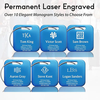 Personalized Luggage Tags for Suitcases - Stainless Steel Custom Luggage Tags for Backpacks & Bags, Sturdy, Waterproof & Heavy Duty (Blue/Square)