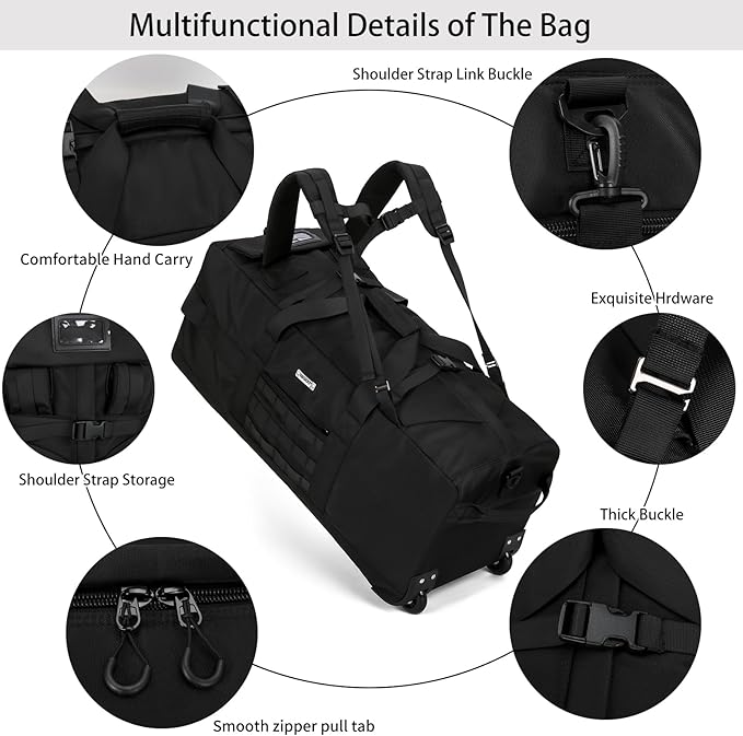 80L Waterproof Rolling Duffel Bag with Quick-Release Straps, Military Tactical Wheeled Foldable For Deployment Traveling Camping Sporting (Black)