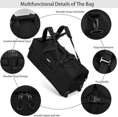 80L Waterproof Rolling Duffel Bag with Quick-Release Straps, Military Tactical Wheeled Foldable For Deployment Traveling Camping Sporting (Black+Drawstring bag)