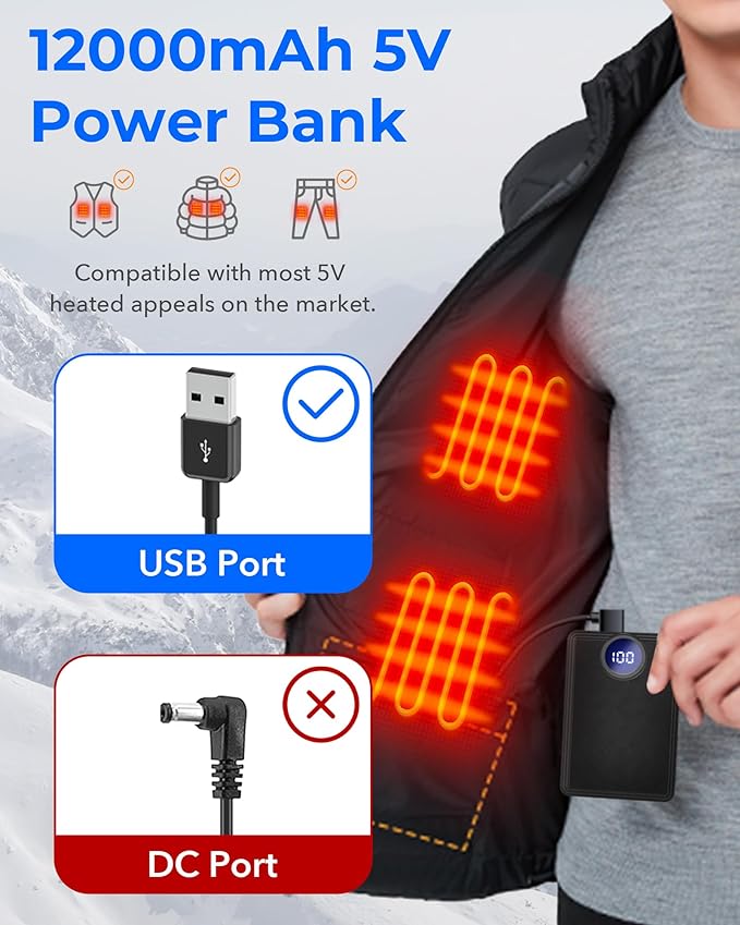 𝟱𝗩 𝟭𝟮𝟬𝟬𝟬𝗺𝗔𝗵 Heated Vest Battery Pack, Rechargeable Power Bank with LED Display, Type-C Input, and Dual USB-A Output for Heated Apparel, Vest, Seat, Blanket and Jacket up to 10H