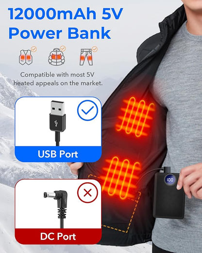 𝟱𝗩 𝟭𝟮𝟬𝟬𝟬𝗺𝗔𝗵 Heated Vest Battery Pack, Rechargeable Power Bank with LED Display, Type-C Input, and Dual USB-A Output for Heated Apparel, Vest, Seat, Blanket and Jacket up to 10H
