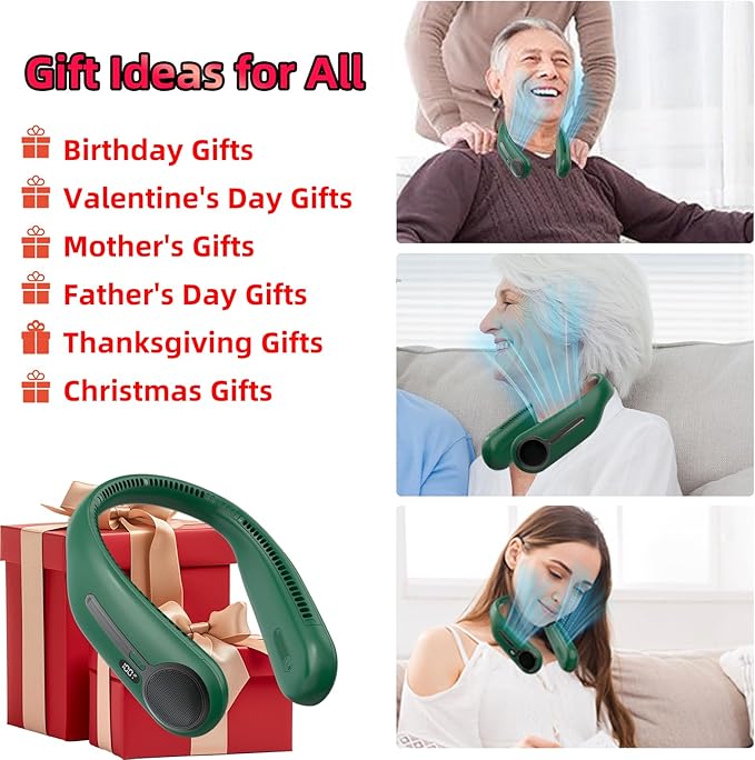 Portable Neck Fan,Hands Free Personal Wearable Bladeless Fan,6000mAh USB Rechargeable,360° Cooling,LED Display,4-Speeds,Birthday Gifts for Men Women Dad Mom,Christmas Gifts (Dark green)